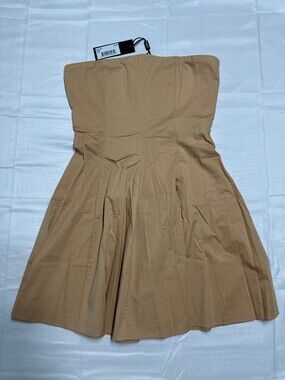 Azeeza Sable Mini Poplin Dress NWT Medium Sand Strapless Pleated Corset